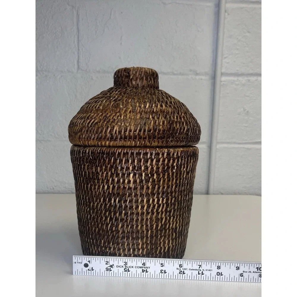 VTG‎ Rattan Wicker Lidded Basket Ginger Jar Woven Coil Cane Storage Vase
